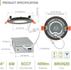 ASD 6 Pack 3 Inch LED Recessed Light 6W, 5 CCT 2700K-5000K CRI90+, IC Rated Ultra Thin Dimmable Ceiling Lights with J Box, Canless Wafer Downlight, Round Slim Panel Lighting, Energy Star ETL, Bronze