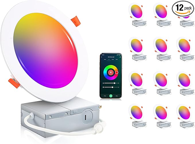 CLOUDY BAY [12 Pack] 6inch Smart WiFi LED Recessed Lighting,RGBCW Color Changing, Compatible with Alexa and Google Home Assistant, No Hub Required,15W 950LM, 2700K-6500K,CRI90+ Wet Location