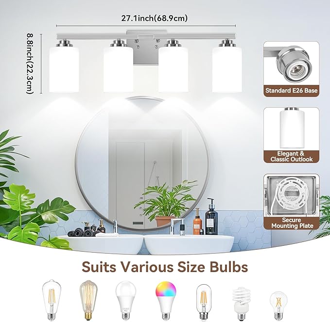 4-Light Bathroom Light Fixtures, 27" Modern Vanity Lights Over Mirror with Milky White Glass Shade, Brushed Nickel Wall Sconce, Classic Wall Light Fixture for Mirror Living Room Cabinet Bedroom Porch
