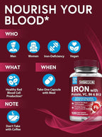 Iron Supplement for Women & Men, Iron Bisglycinate with Vitamin C, B6, B12, Folate, Stomach Friendly, Non-Constipating, Blood Health & Energy Boost, 120 Vegan Caps