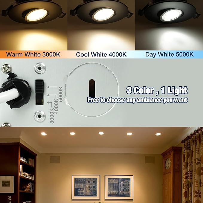Sublimation Black 4 Packs 3 Inch led recessed Light 10w,3 Colors Adjustable 3000K/4000K/5000K,Waterproof recessed Lights for Shower,Suitable for Bathroom,Parlor,Bedroom,Kitchen,Balcony