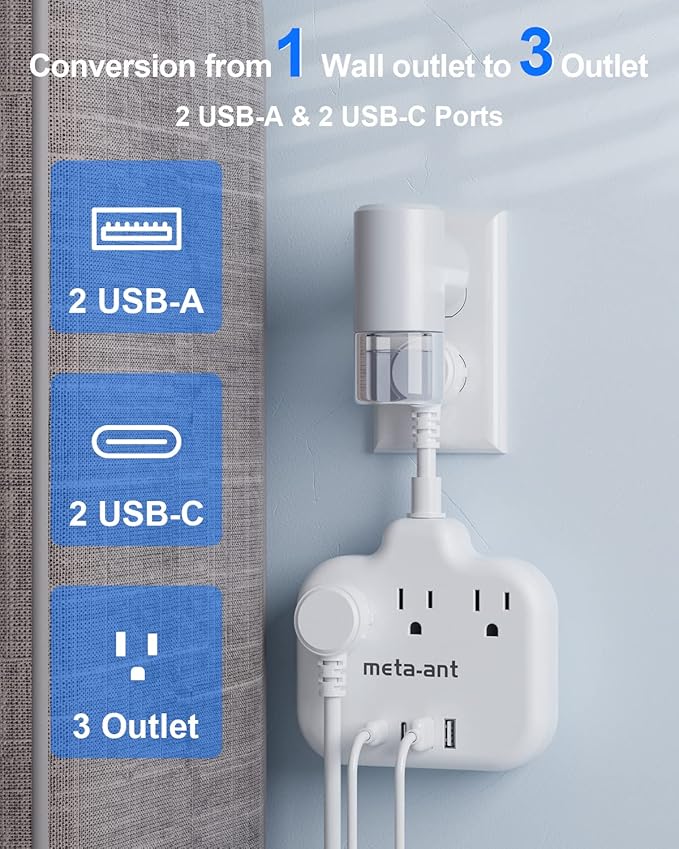 Short Extension Cord 2 inch, Short Cord Power Strip with 3 Outlets 4 USB(2 USB-C) 17W, Flat Outlet Extender, Non-Blocking, Non-Surge Protection for Cruise Travel Dorm Kitchen Bathroom, White