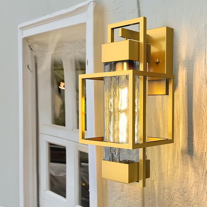 PARTPHONER Modern Outdoor Light Fixtures Dusk to Dawn Outdoor Lighting 2 Pack, 15" Exterior Wall Sconce Waterproof Outside Porch Light for House with Water Glass Black Brushed Gold