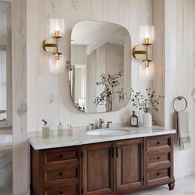 Minimalist Aged Brass Metal Double Wall Sconce, Modern Durable Ribbed Glass Shades Vanity Light, Bathroom Wall Mounted Light Beside Mirror, Wall Light for Hallway, Living Room (Brass)