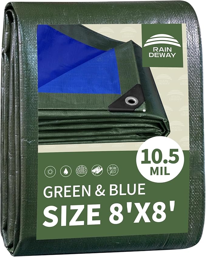 RAINDEWAY Tarps Heavy Duty Waterproof 8x8 Feet,10.5 Mil Waterproof Tarps for Outdoors,Multipurpose Poly Tarp Cover with Metal Grommets and Reinforced Edges,Green/Blue