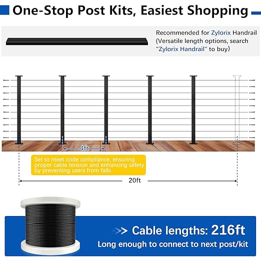 36" Expandable 16-20FT Black T304 Cable Railing Post Kit, Complete Cable Railing System with 5 Level Posts & 216ft 1/8" Wire Rope(No Handrail), Adjustable Length Easy DIY for Decks/Porch