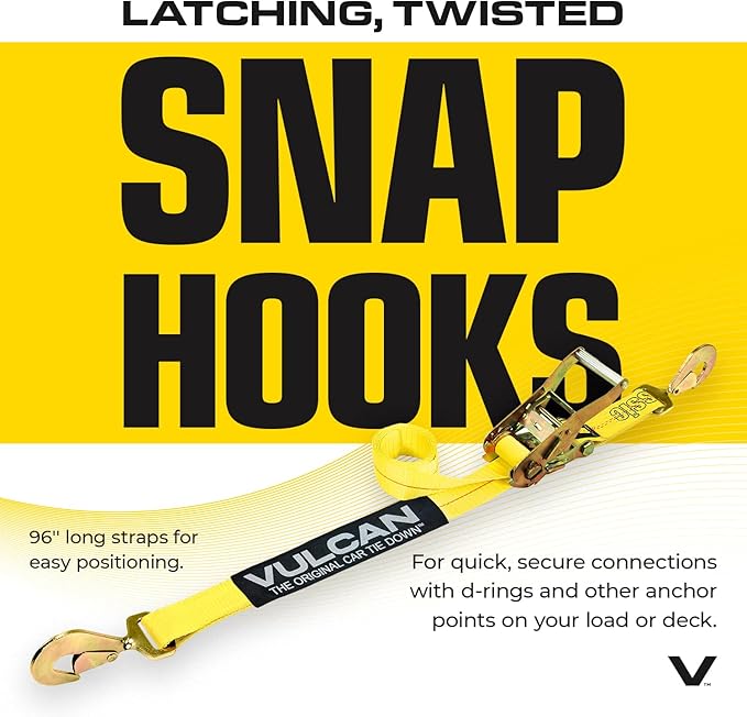 VULCAN Complete Axle Strap Tie Down Kit with Snap Hook Ratchet Straps - Classic Yellow - Includes (4) 22 Inch Axle Straps, (4) 36 Inch Axle Straps, and (4) 8' Snap Hook Ratchet Straps
