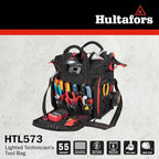 Hultafors Work Gear HTL573 Lighted Technician's Tool Bag, 55 Pockets, Heavy Duty Ballistic Polyester Tool Carrier, Adjustable Swivel Light, Large Center Compartment