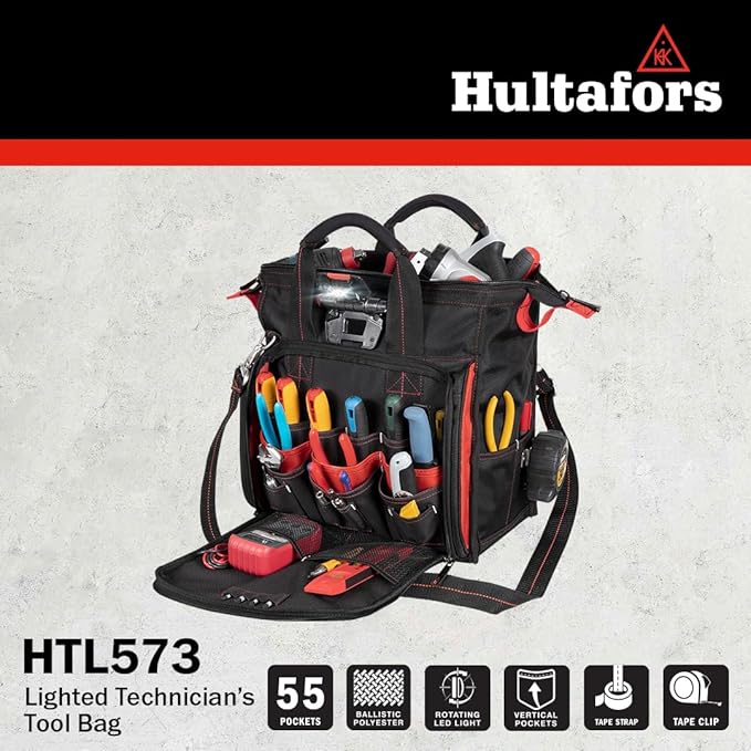 Hultafors Work Gear HTL573 Lighted Technician's Tool Bag, 55 Pockets, Heavy Duty Ballistic Polyester Tool Carrier, Adjustable Swivel Light, Large Center Compartment