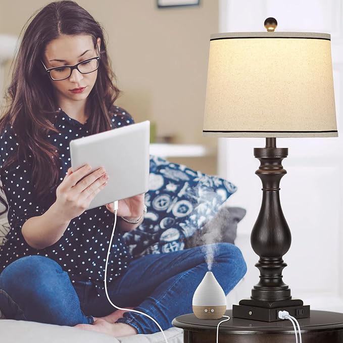 27.5" Farmhouse Table Lamp for Living Room,Vintage Bedside Nightstand Lamp with USB C+A Ports & AC Outlet,3-Way Dimmable Touch Control Retro Black Desk Lamp for Bedroom,Single Black