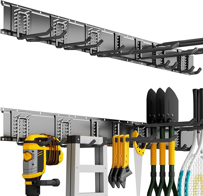 Garden Tool Organizer Wall Mount, 48inch Heavy Duty Garden Tool organizer Storage System, Easy Install With 7 Adjustable Hooks, For Garage, Basement, Shed, Workshop(Black)