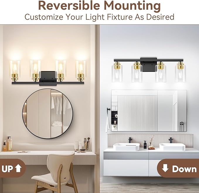 4-Light Bathroom Light Fixtures, 27" Modern Vanity Lights Over Mirror with Clear Glass Shades, Black & Gold Wall Sconce, Classic Wall Light Fixture for Mirror Living Room Cabinet Bedroom Porch Kitchen