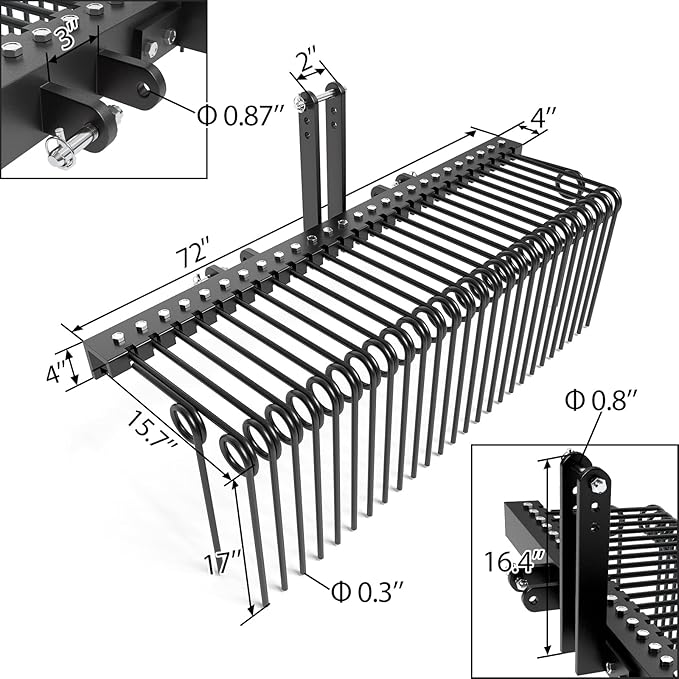 72 Inch 3 Point Tractor Rake, Pine Straw Needle Rake, Durable Powder Coated Steel Spring Landscape Rakes Fit for Cat0,Cat1,Black