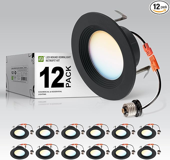 ASD Retrofit LED Recessed Lighting 4 Inch | 9W 700 Lm Wet Rated Dimmable Ceiling Downlights | 2700K-5000K Adjustable CRI90 Black Room Recessed Light Fixtures | LED Can Lights, UL 12 Pack