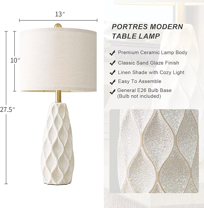 27.5" Ceramic Table Lamps for Living Room Bedroom Lamps Set of 2 Modern Boho Bedside Lamps Night Stands Farmhouse Vintage Large Nightstand Lamp Reading Light Home Office Dorm Desk Deco Gifts, White