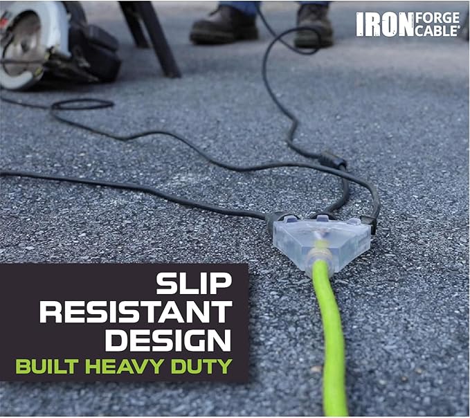 Iron Forge Cable 10 Gauge 50ft Lighted Outdoor Heavy Duty Extension Cord with 3 Outlets - 15 Amp 10/3 SJTW Green Extension Cord with Multiple Outlets