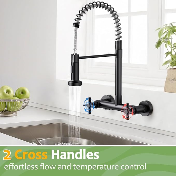 Wall Mount Kitchen Faucet, Hurran Matte Black Kitchen Sink Faucet, 8 Inch 2 Handle Wall Mount Commercial Sink Faucet with Pull Down Sprayer for Kitchen Laundry Room Restaurant