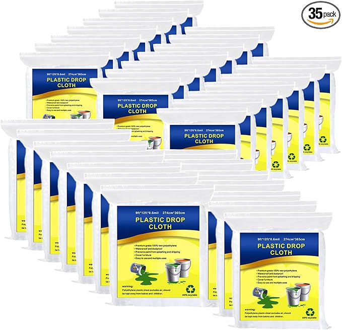 35 Pieces Plastic Drop Cloth, Multiple Waterproof Cloth Sheets for Painting, Dust-Proof and Rustproof, 35 Pieces 9x12 Feet Tarp, Furniture Cover