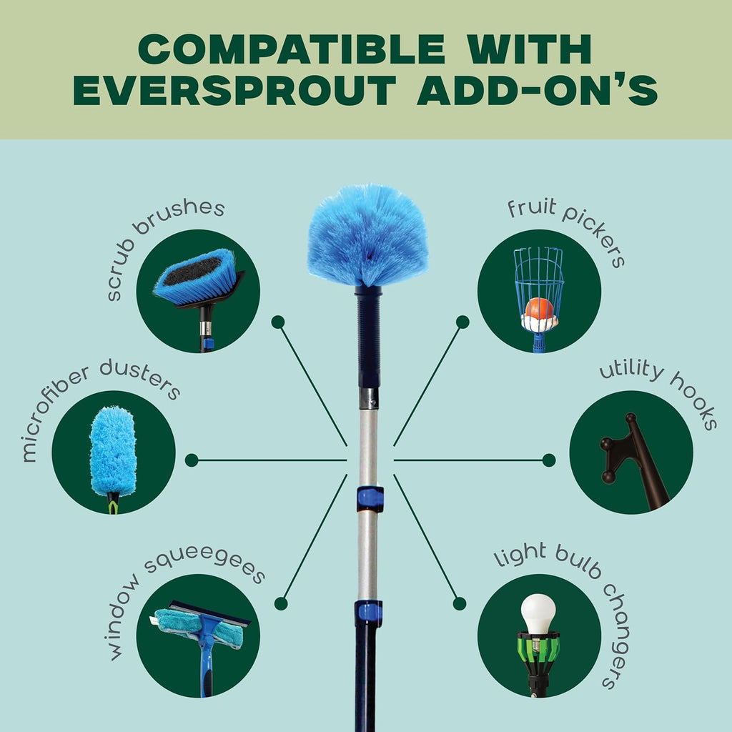 EVERSPROUT 8-10 Feet Standing Reach | 1.5-to-3 Foot Cobweb Duster and Extension-Pole Combo & Lightweight 3-Stage Aluminum Pole | Hand-Packaged Indoor/Outdoor Use Brush Attachment