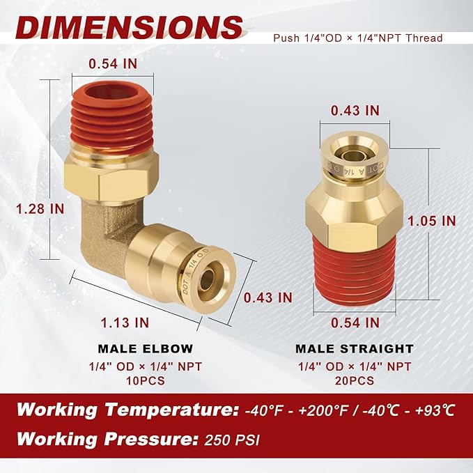 1/4” Quick Push to Connect Fittings Brass Male Straight and Elbow Combination DOT Approved 1/4" Tube OD x 1/4" NPT Thread Air Brake Line Adapter Air Suspension Kit Air Hose Repair Kit 30pcs