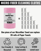 Microfiber Cleaning Cloth Roll -75 Pack - 2 Rolls, Tear Away Towels, 12" x 12", Reusable Cleaning Rags and Microfiber Towels for Cars, Garage and Household Supplies (Pink)