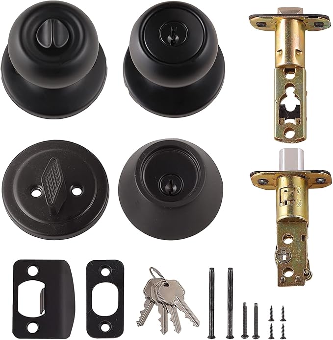 Amazon Basics Exterior Door Knob With Key Lock and Deadbolt, Coastal, Matte Black