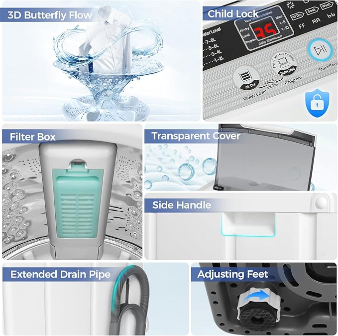 Nictemaw Portable Washing Machine 20Lbs Portable Washer Machine with Drain Pump, 2.8 Cu.ft Compact Washer with 10 Programs 8 Water Levels Small Washing Machine for Apartment, Home, Dorms, Rv