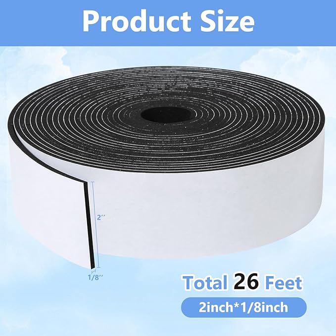 Weather Stripping Door Seal Strip- 2 Inch X 1/8 Inch X 26Feet, Strong Adhesive, Lightproof, Soundproof, Weatherproof Foam Tape Insulation for Sliding Door, Front Door Frame, Windows- Black