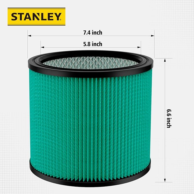 Stanley 08-2566H HEPA Cartridge Filter – Fits Most 5–18 Gallon Wet/Dry Vacuums – High Efficiency, Washable & Reusable Replacement Filter