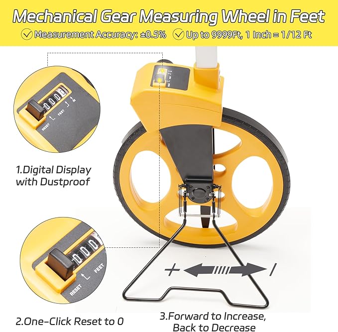 Measuring Wheel With Handle Reset & Brake, Rolling Measuring Wheel in Feet for Construction, Survey, Collapsible Measure Wheel with Tape Measure and Canvas Carrying Bag, 12 Inch, Up to 10,000Ft