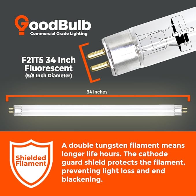 GoodBulb 21W 34 Inch T5 Fluorescent Light Bulb 3000K Warm White Medium Bi-Pin Base 2100 Lumens 85 CRI 36000 Life Hours Instant/Programmed Start (Pack of 40)