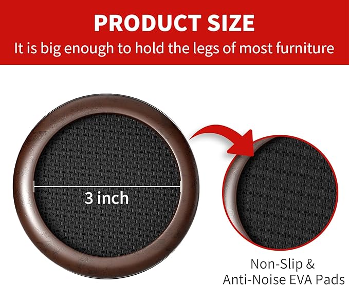 Ezprotekt 3” Non Slip Round Wood Furniture Pads for Hardwood Floors, 4 Pcs Anti Slip Furniture Coaster for Chair Sofa Bed Couch, Furniture Cups with Anti-Slide EVA Anti-Scratch (Dark Brown)