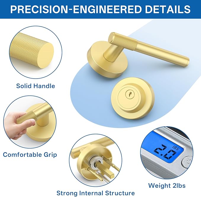 Amerdeco Front Door Lock Set with Double Cylinder Deadbolt, Exterior Entry Door Lever, Heavy Duty Entry Door Locksets for Left or Right Hand Exterior Door（Brushed Gold 1 Pack）