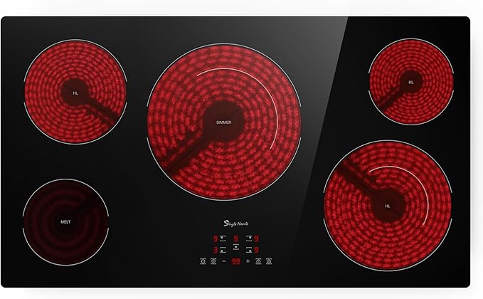 Electric Cooktop 36 Inch 5 Burners, Electric Stove Top, Built-in Ceramic Radiant Cooktop with Sensor Touch Control, Fast Heat, Multiple Safety Protection, 9000W with Hard Wire for 220V~240V