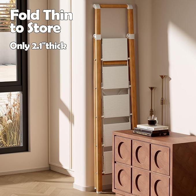 Taranta 5 Step Ladder, Portable Folding Ladder with Wide Pedal, Lightweight Aluminum Step Stool with Convenient Handgrip, 330 lbs Capacity Stepladder for Home, Office - White Woodgrain