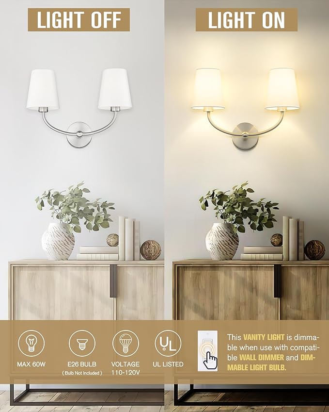 Emak 2-Light Bathroom Light Fixtures, Modern Brushed Nickle Vanity Light with Fabric Shade, Wall Sconces for Bathroom, Living Room, Bedroom, VL116-BN-2