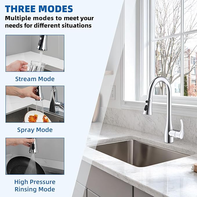 Hibbent Pull Down Spray Head for Kitchen Faucet, 3-Function Spray Nozzle with 15 Adapters, Straight Sink Faucet Head Replacement Compatible with Moen, Delta, Kohler, American Standard, Chrome