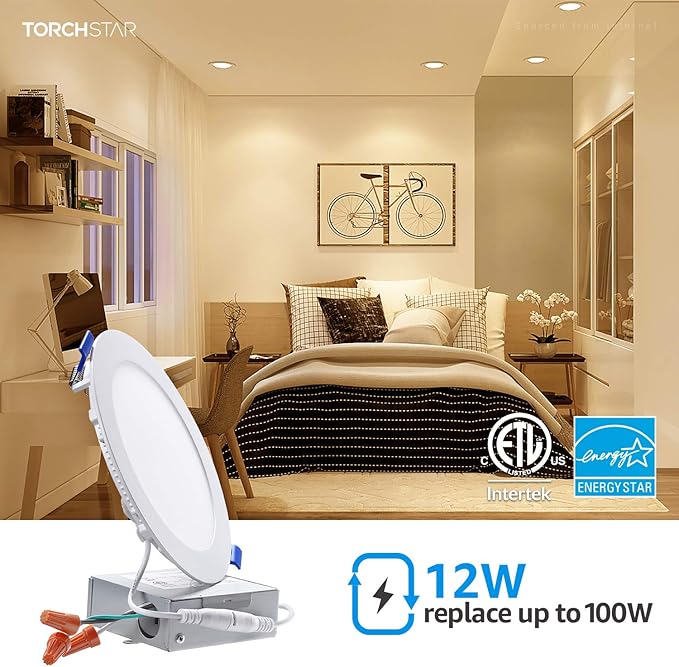 TORCHSTAR 6 Inch Slim LED Recessed Lighting with Junction Box, Dimmable 12W Ultra-Thin Recessed Light, 2700K Soft White, 1000LM Basic Series LED Downlight, ETL & Energy Star, Pack of 6