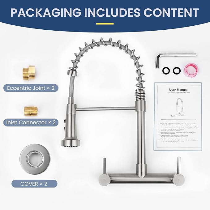 Wall Mount Kitchen Sink Faucet, 8 Inch Center Wall Mount Kitchen Faucets with 3-Function Pull Down Sprayer, Dual Handles Commercial Faucet for Kitchen Laundry Restaurant (Brushed Nickel)