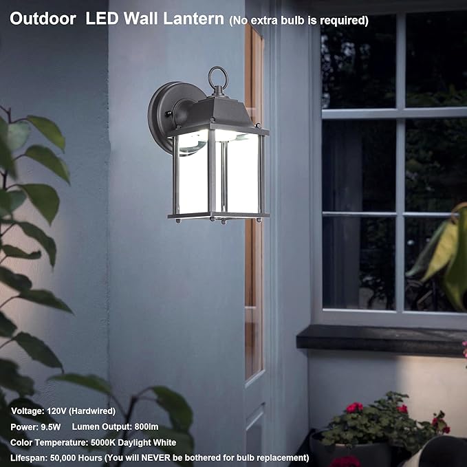 LIT-PaTH Outdoor LED Wall Lantern, Wall Sconce as Porch Lighting Fixture, 5000K Daylight White, 9.5W 800 Lumen, Aluminum Housing Plus Glass, Black Finish, 1-Pack