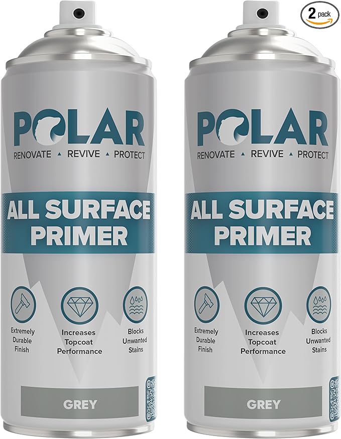 Polar All Surface Primer Matte Gray - 2 x 13.5 Fl Oz - Ideal for Wood, Metal, Plastic, Brick - Enhanced Adhesion & Quick Drying