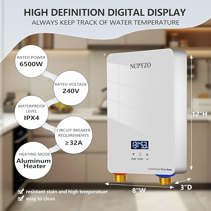 Instant Electric Water Heater 240V 6500W. Tankless Water Heater Electric for Kitchen、Bathroom、Under Sink.On Demand Hot Water Heaters with Self Modulating Technology.Energy Efficient&Easy Installation.