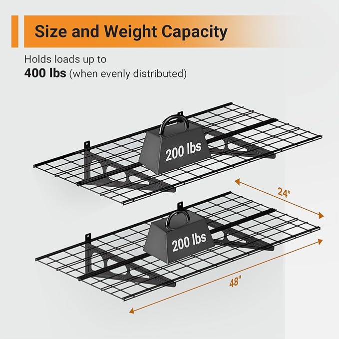 2x4 ft Garage Shelving, 2-Pack Wall-Mounted Shelves for Garage, Kitchen, Pantry Storage, 400 lbs Total Load Capacity Wall Shelving, Black