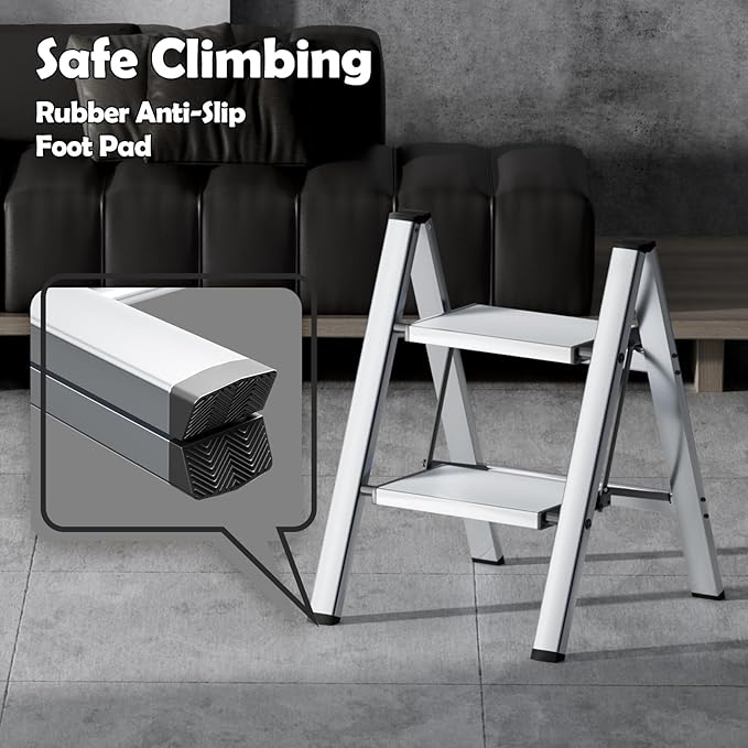 Taranta 2 Step Ladder,Aluminum Lightweight Folding 2 Step Stool with Anti-Slip Wide Pedal,330lbs Capacity Step Ladder for Household,Kitchen,Office - Silver