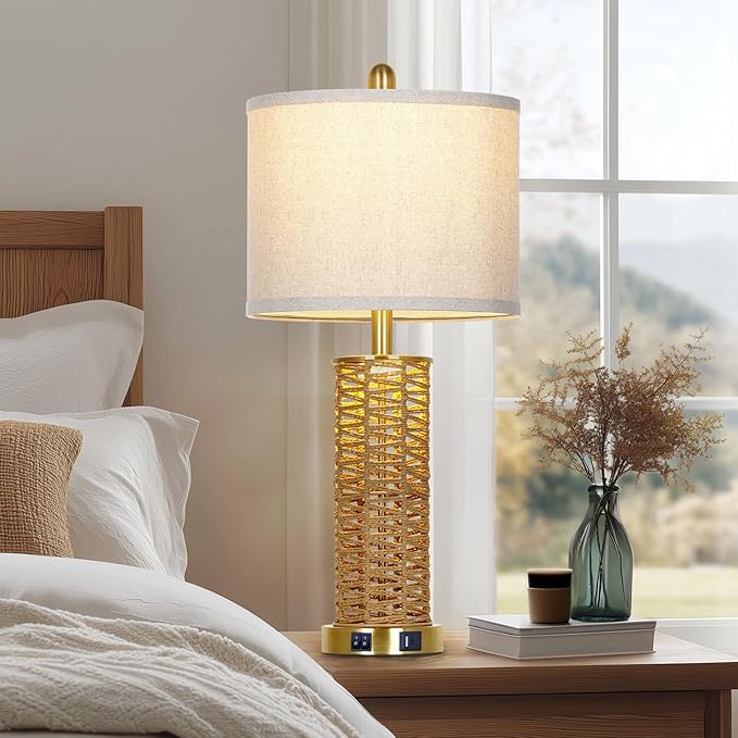 27" Natural Rattan Table Lamps Set of 2, Boho Bedside Lamp for Bedroom with Night Light, Woven Wicker Nightstand Lamps with 2 USB Ports & AC Outlet, Tall Farmhouse Living Room Lamp, Gold