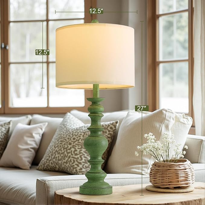 BOBOMOMO 27" Sage Green Table Lamps Set of 2, Large Farmhouse Resin Lamps with Linen Shades, Green Vintage Lamps for Living Room, Bedroom, or Entryway, Rustic Elegant Home Décor