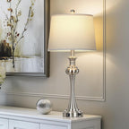 28.75" Silver Table Lamps for Living Room,Touch Lamps for Bedrooms Bedside Lamp 3-Way Dimmable Touch Control, Modern Silver Nightstand Lamp Fabric Shade Mid Century Accent Style（Bulb Inclued）