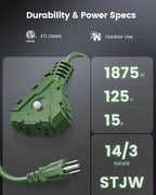 SURAIELEC Outdoor Extension Cord with 6-Outlet Power Hub Plug, 25FT 14/3 AWG SJTW Heavy-Duty Power Cord, 15A Circuit Breaker, ETL Listed, for Garage, Workshop, and Holiday Decorations, Green