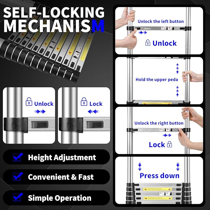JADDUO 14.5 FT Telescopic Ladder, Aluminium Silver Telescoping Ladder with Non-Slip Feet and Stable Hook, Portable Extension Ladder for Household and Outdoor Working, Heavy Duty 330 lbs Max Capacity