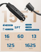 DEWENWILS 15FT Flat Plug Extension Cord, 3 Prong Ultra Thin Power Strip, 13A/125V/1625W, 16/3 Awg Grounded Flat Power Cable for Indoor Narrow Space, SPT-3 Cord, ETL Listed, Black